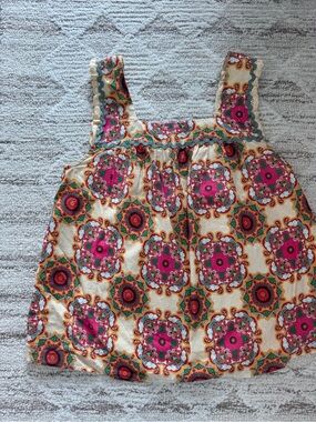 Anthropologie Cream Tank Top with Pink and Green Medallion Print